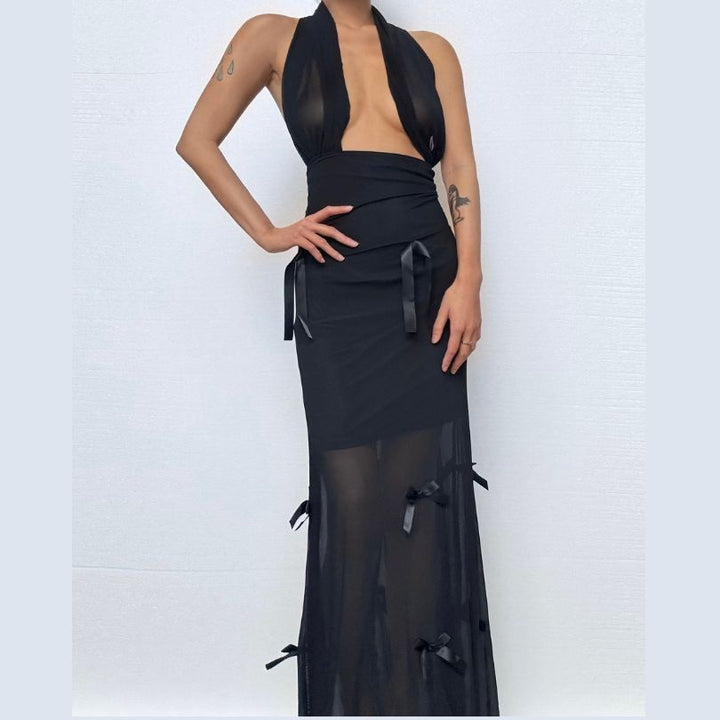 Bowknot hoodie square neck mesh 2-way maxi dress  | Festival Outfits Women