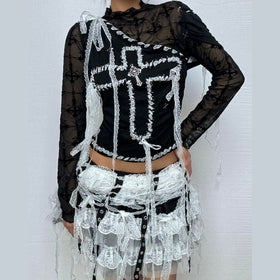 Long sleeve lace hem mesh cross pattern top  | Festival Outfits Women