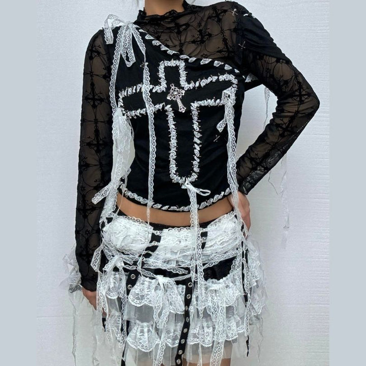 Long sleeve lace hem mesh cross pattern top  | Festival Outfits Women