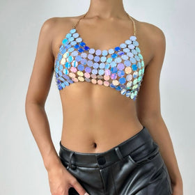 Halter glitter hollow out metal chain cut out top  | Festival Outfits Women
