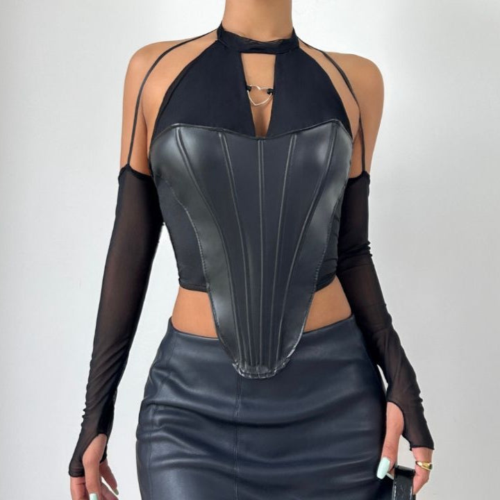 Halter PU leather bustier hollow out cut out top-final-sale