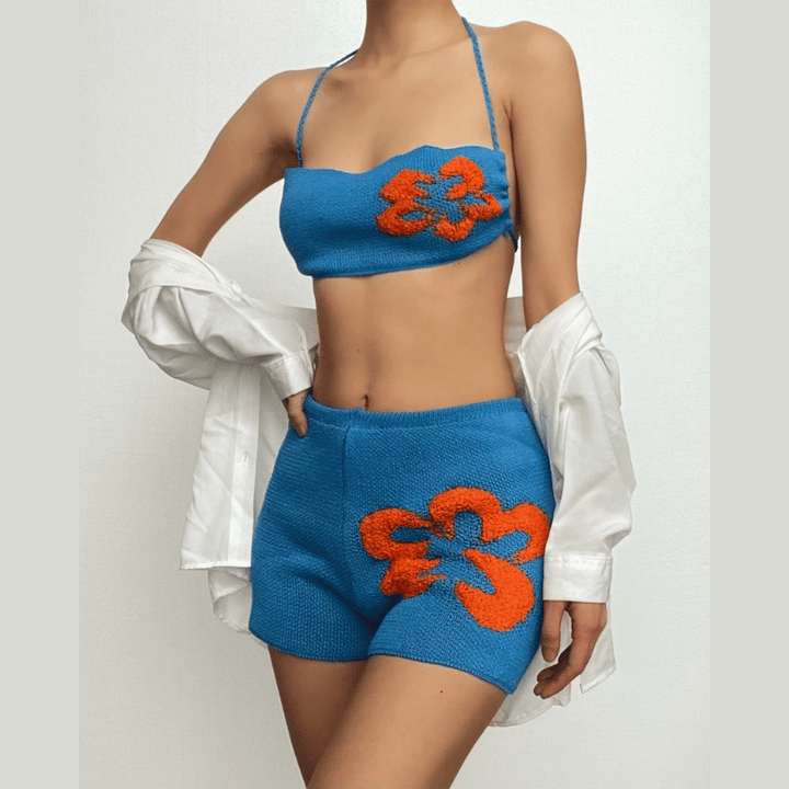 Knitted contrast flower pattern self tie backless tube pant set  | Festival Outfits Women