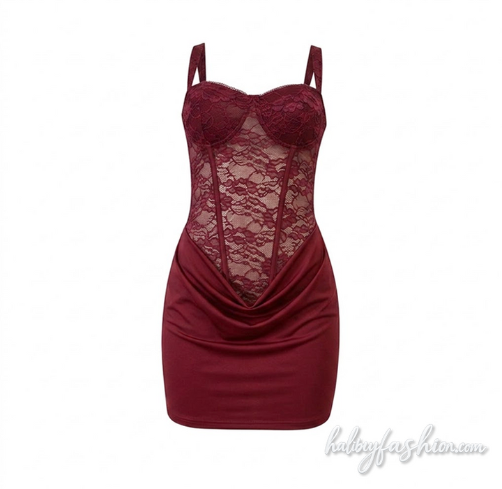 Lace patchwork backless o ring cami mini dress