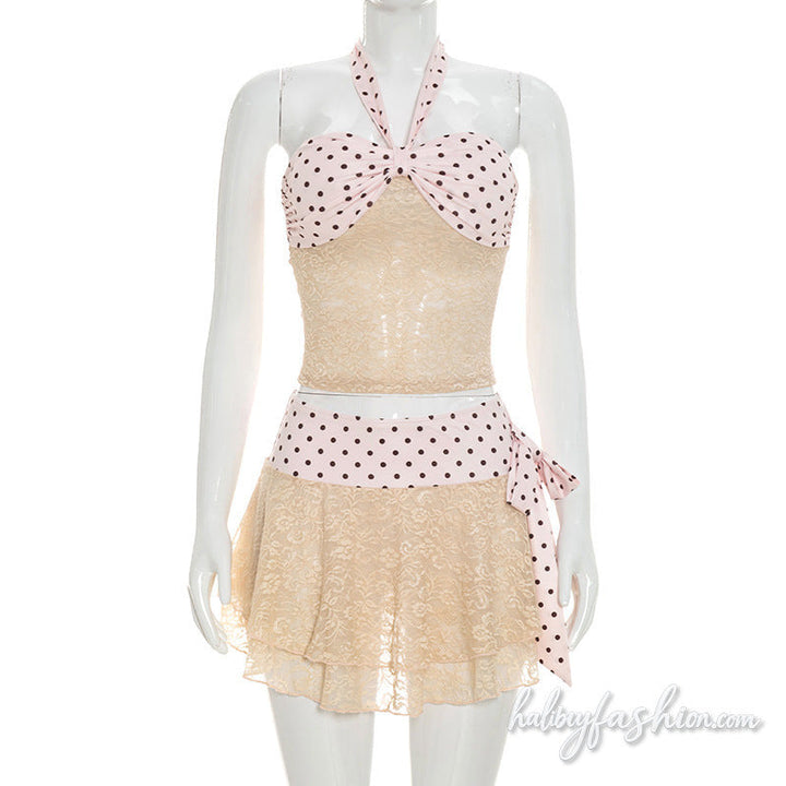 Halter self tie lace ruched polka dot mini skirt set - Halibuy - 2