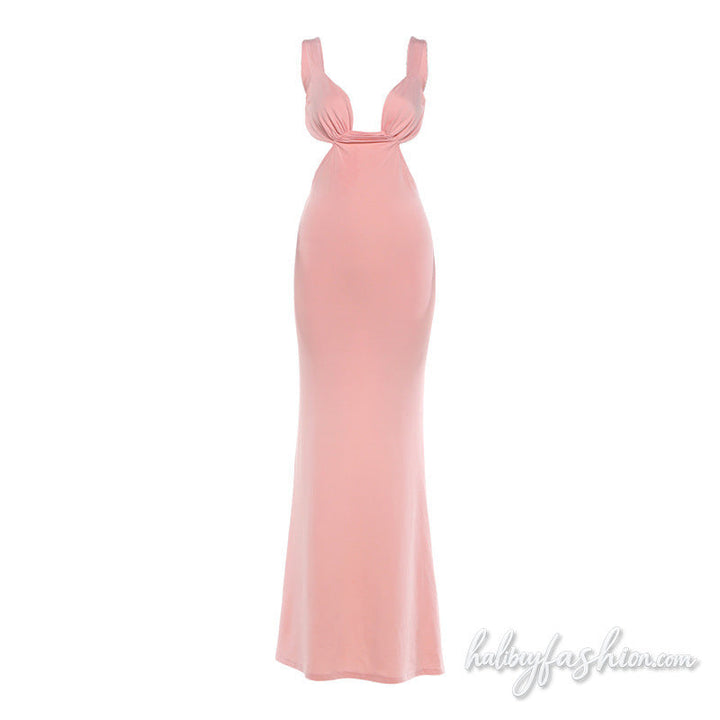 Ruched bowknot solid backless cami maxi dress
