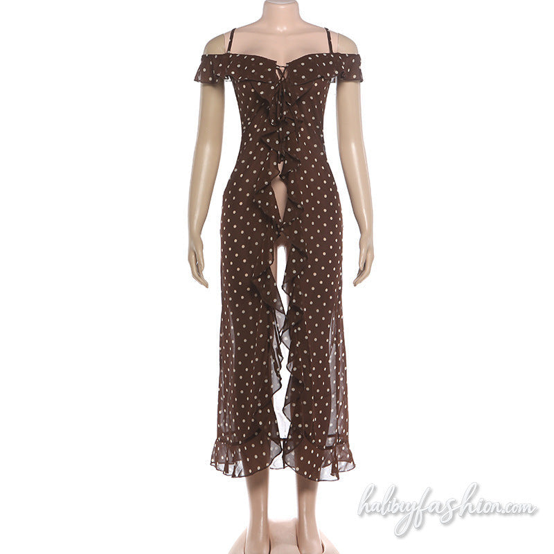 Off shoulder polka dot ruffle high slit cami top