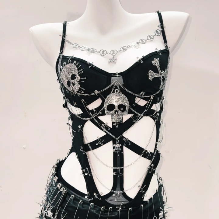 Hollow out metal chain skull applique v neck bodysuit  | Festival Outfits Women