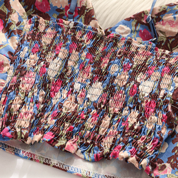 Smocked flower print v neck padded cami top  | Festival Outfits Women