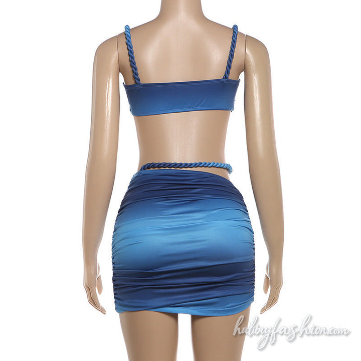 Ruched v neck gradient hollow out cami mini skirt set