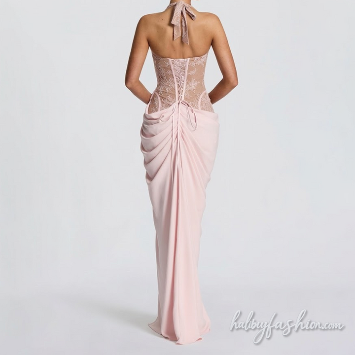 Self tie halter lace ruched irregular slit maxi dress - Halibuy - 3