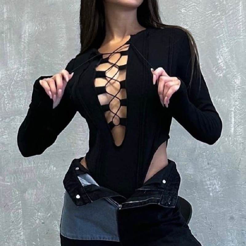 Hollow out long sleeve stitch lace up bodysuit  | Festival Outfits Women