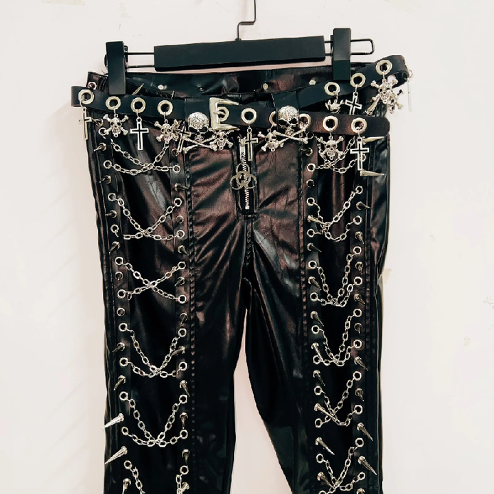 PU leather metal chain rivet pant  | Festival Outfits Women