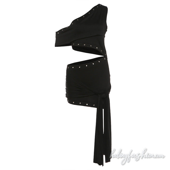 One shoulder irregular hollow out solid mini dress