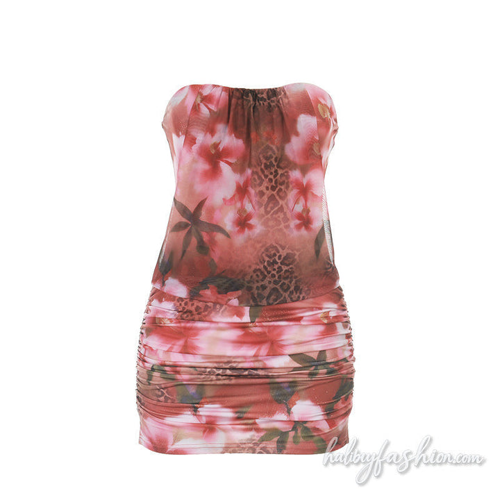 Ruched print backless tube mini dress