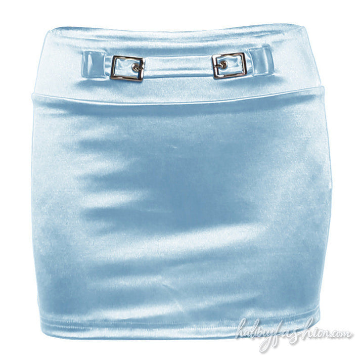 Metallic buckle solid mini skirt