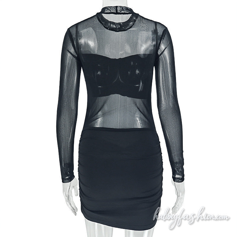 Long sleeve crewneck ruched mesh solid mini dress - Halibuy - 5