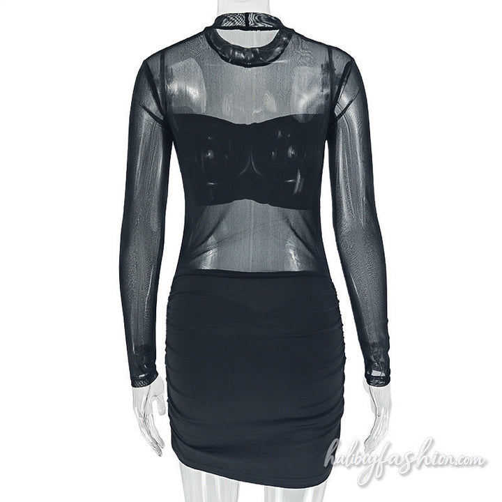 Long sleeve crewneck ruched mesh solid mini dress - Halibuy - 5