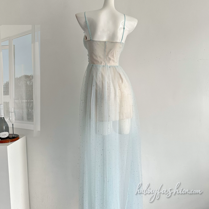 Bowknot beaded mesh ruched v neck cami maxi dress - Halibuy - 2