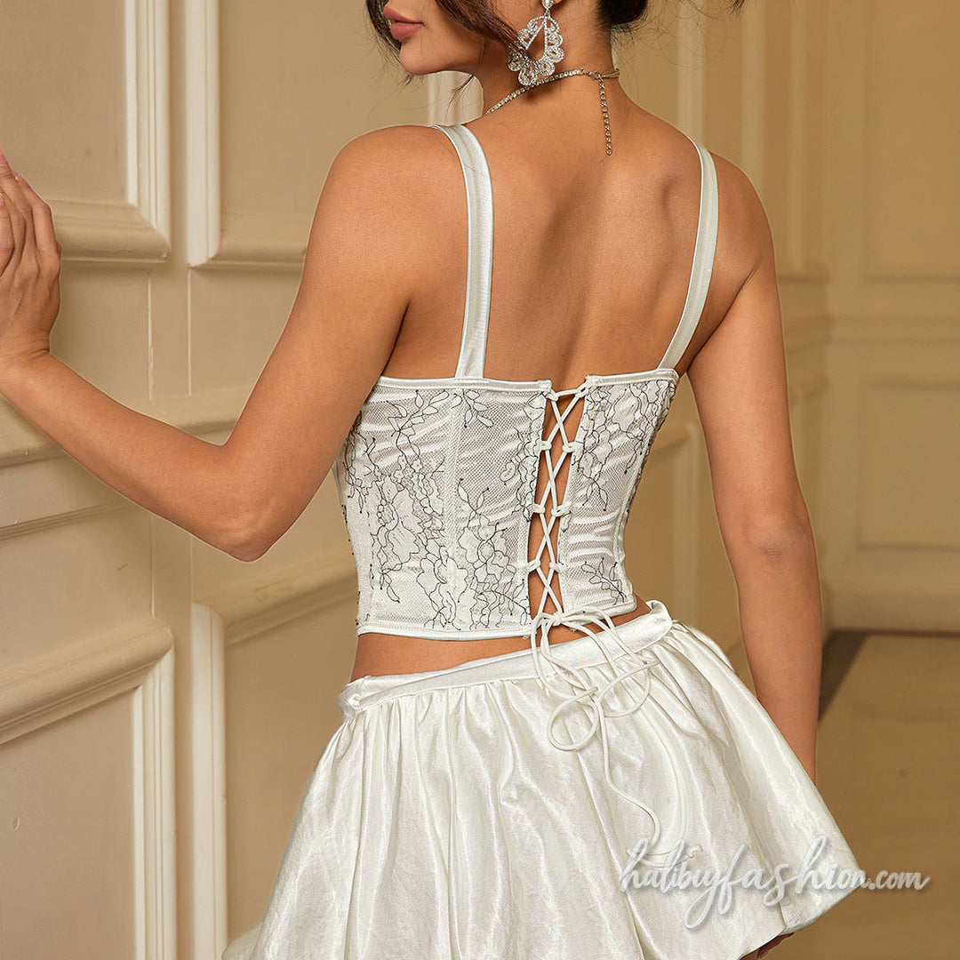 Bowknot beaded corset lace up u neck cami top - Halibuy - 3