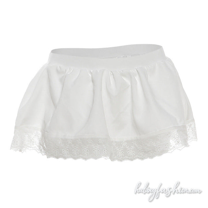 Ruched lace hem solid A line mini skirt