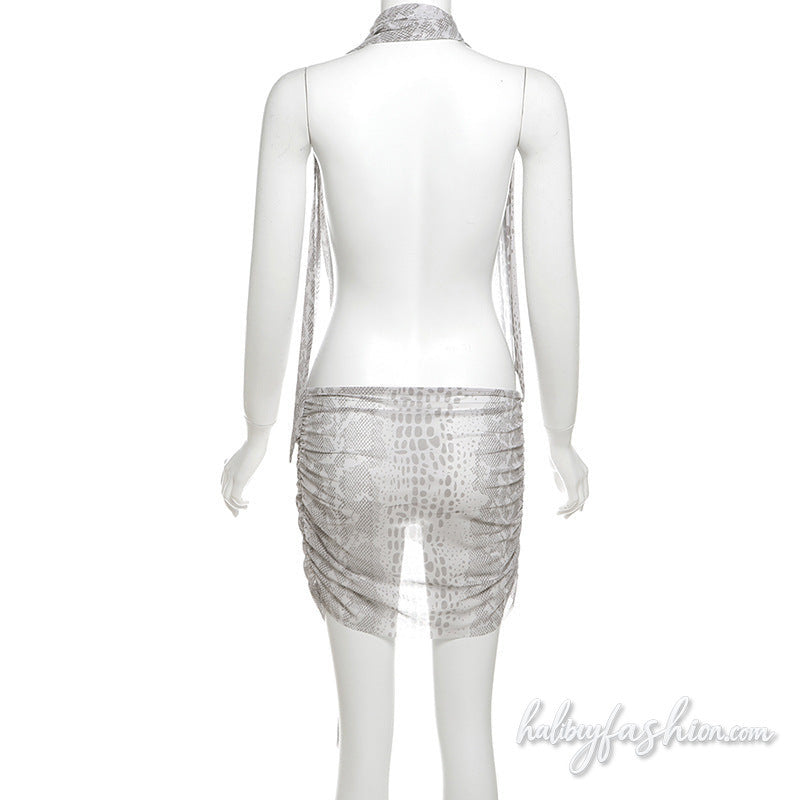 Snakeskin print halter ruched irregular mesh mini dress - Halibuy - 4
