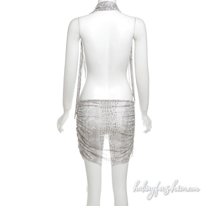 Snakeskin print halter ruched irregular mesh mini dress - Halibuy - 4