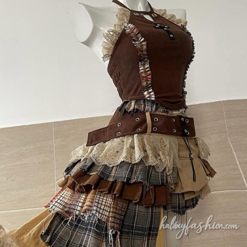 Irregular lace hem plaid patchwork hollow out mini skirt set - Halibuy - 4