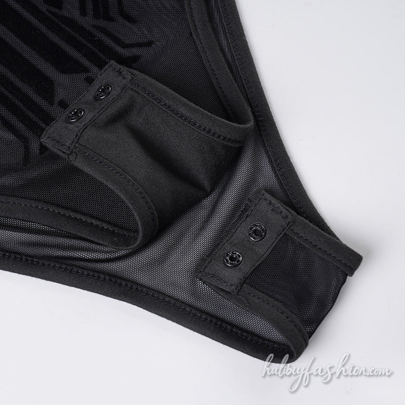 Crewneck mesh button print solid bodysuit