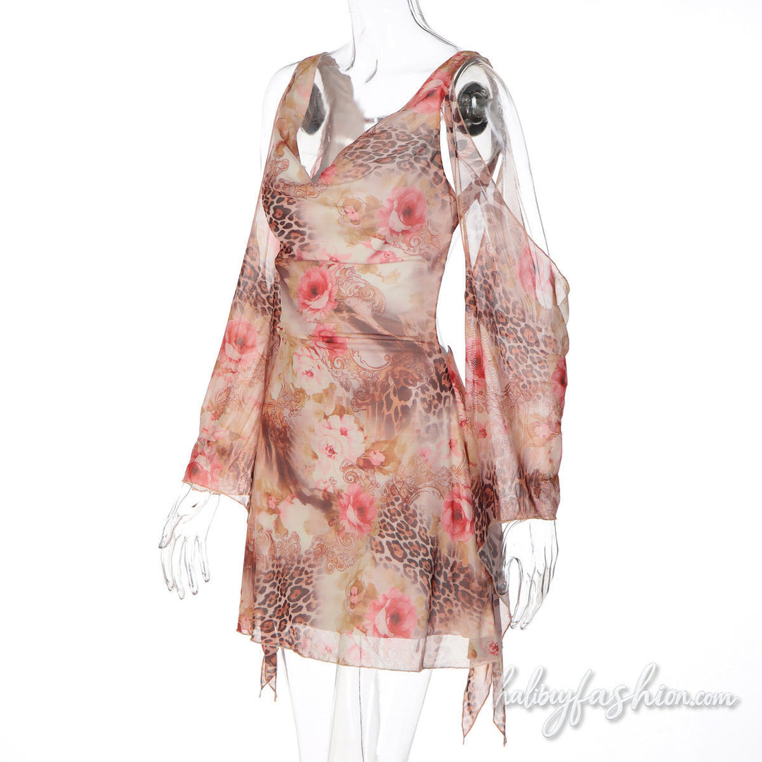 Cowl neck flower print long sleeve mesh mini dress - Halibuy - 3