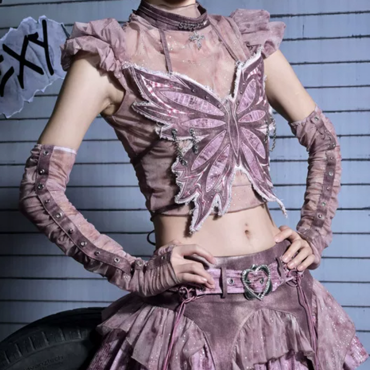 Crewneck cap sleeve ruched print top