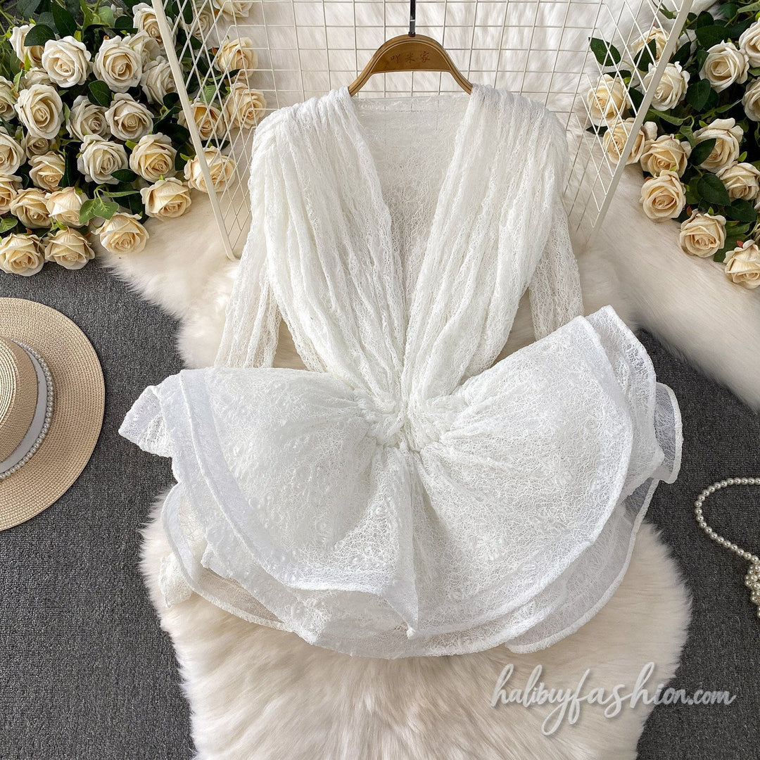 Long sleeve v neck ruffle 2 piece mini dress