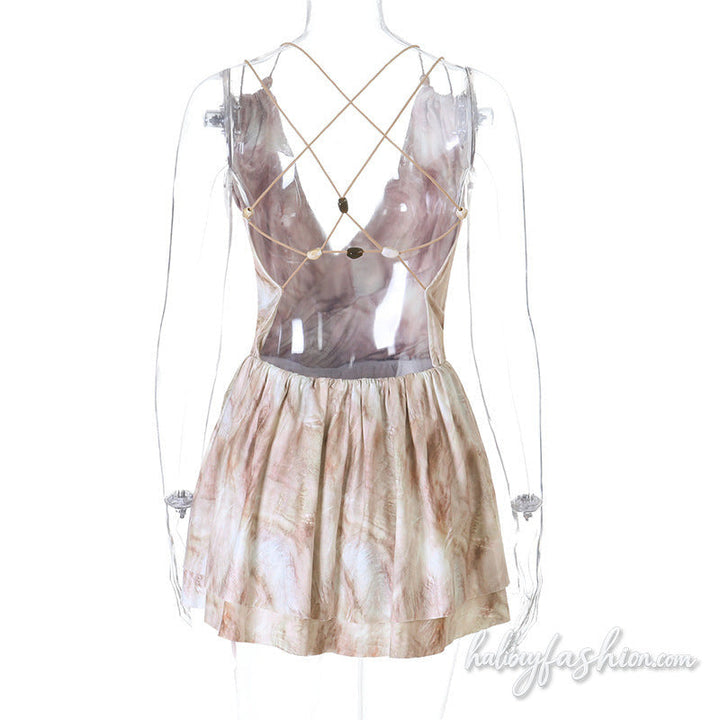 Cross back ruched print v neck mini dress
