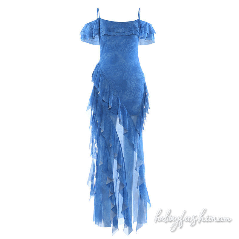 Ruffle irregular slit off shoulder mesh maxi dress