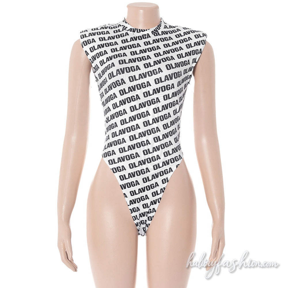 Crewneck letter print button sleeveless bodysuit - Halibuy - 3