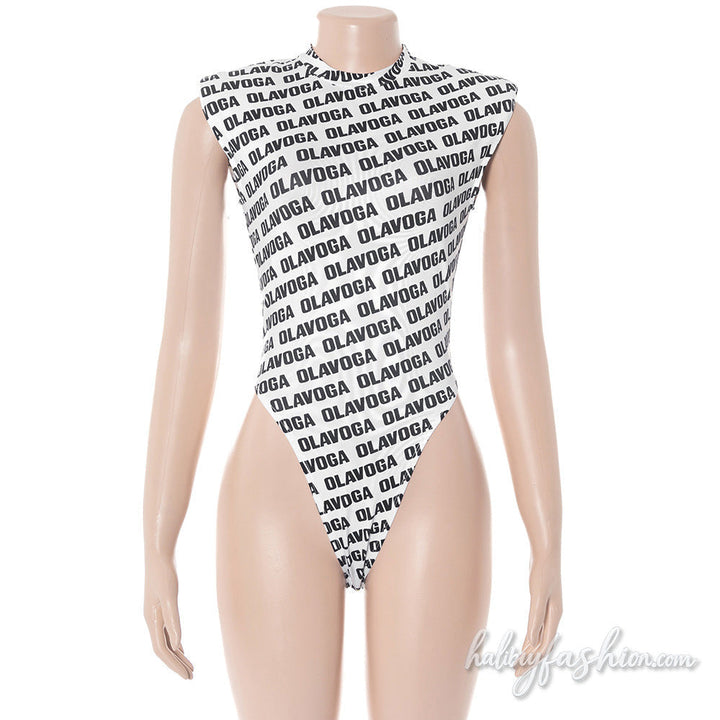 Crewneck letter print button sleeveless bodysuit - Halibuy - 3