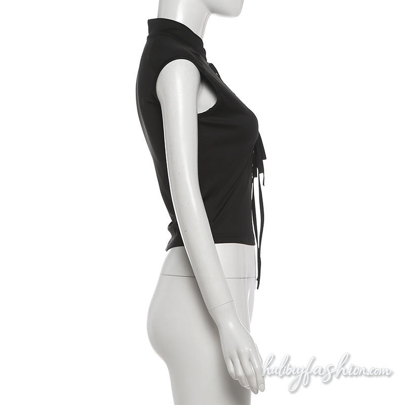 Self tie hollow out sleeveless solid top