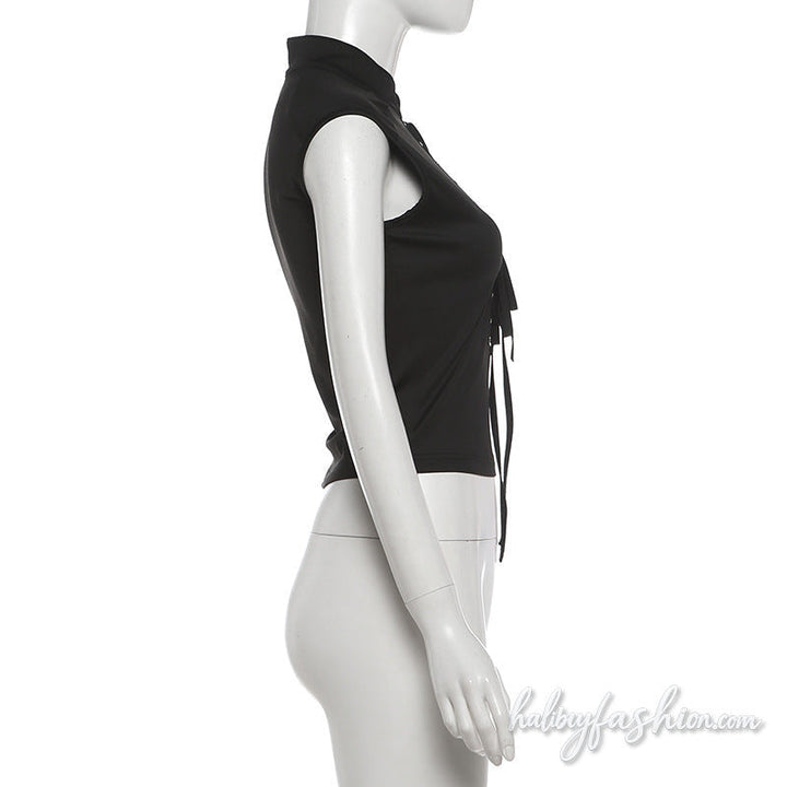 Self tie hollow out sleeveless solid top