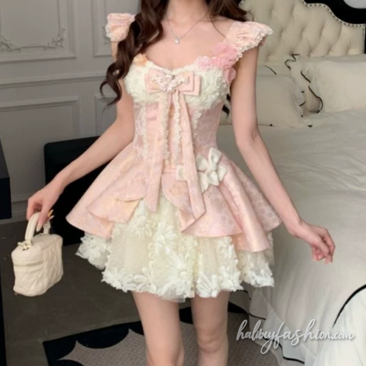 Ruched patchwork bowknot flower applique mini dress