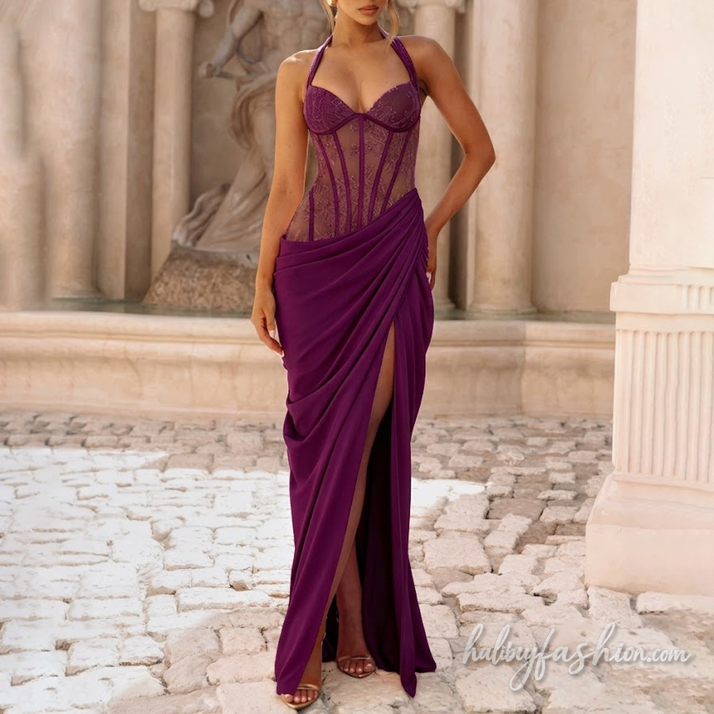 Self tie halter lace ruched irregular slit maxi dress - Halibuy - 19