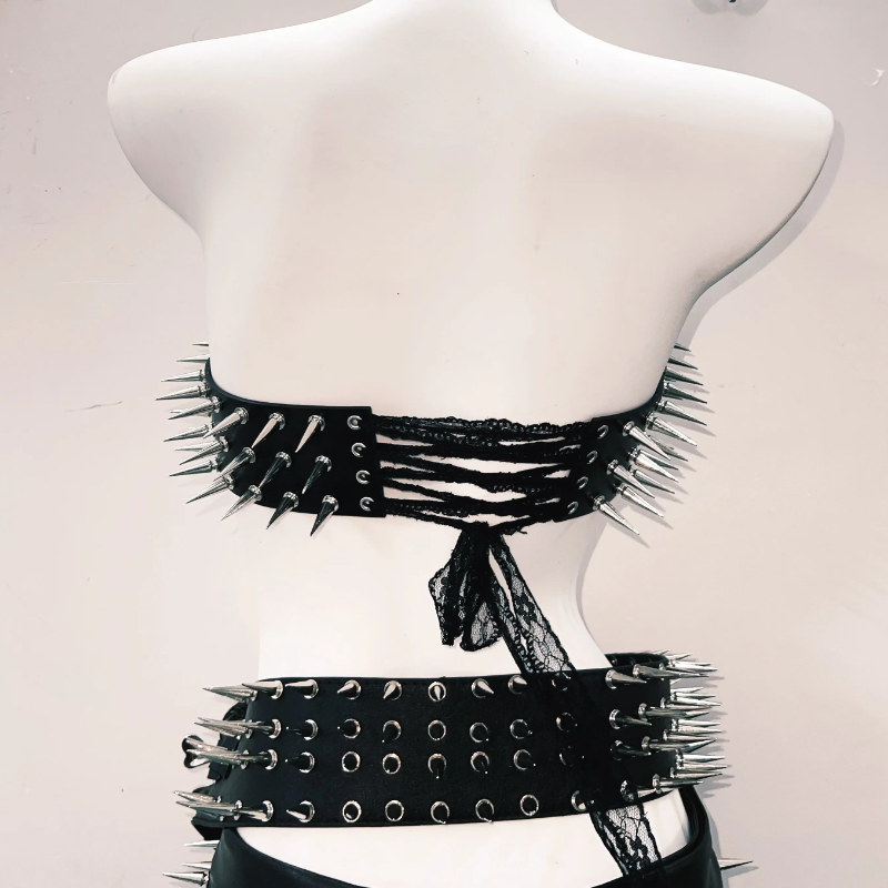 Skull applique rivet PU leather belt top  | Festival Outfits Women
