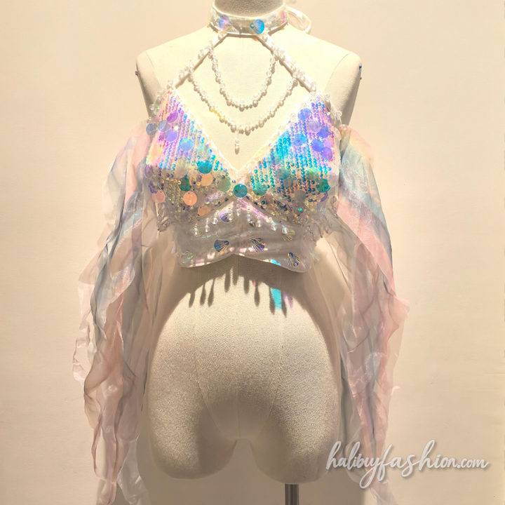 Halter hollow out beaded glitter top