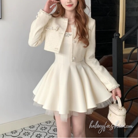 Long sleeve beaded button 2 piece mini dress