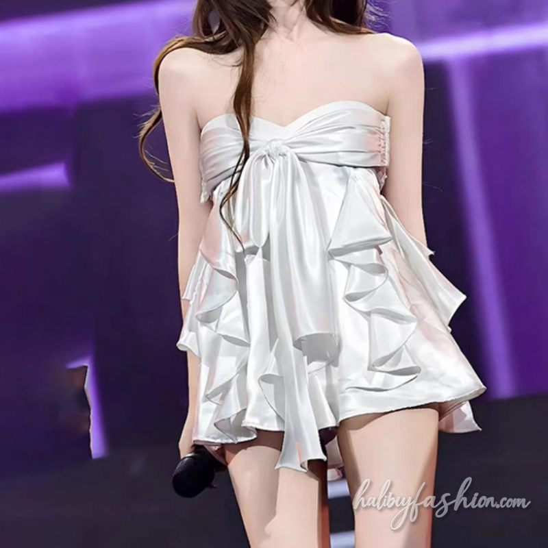 Sweetheart neck ruched ruffle tube mini dress
