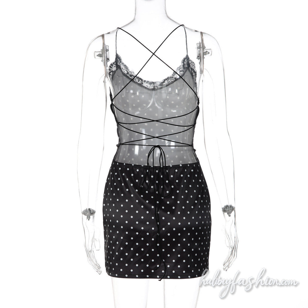 Cross back spaghetti strap lace hem polka dot mini dress - Halibuy - 4