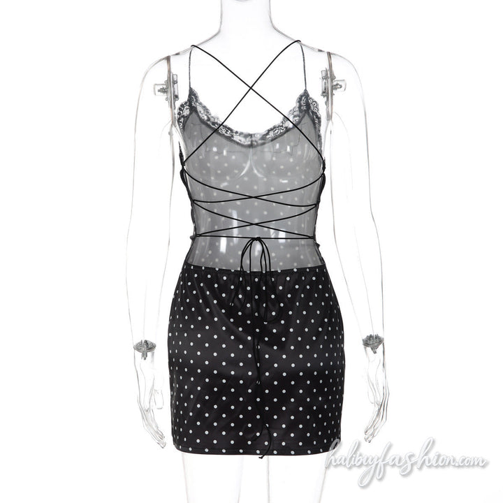 Cross back spaghetti strap lace hem polka dot mini dress - Halibuy - 4