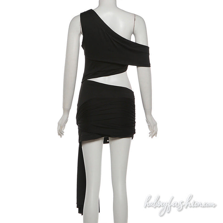One shoulder irregular hollow out solid mini dress