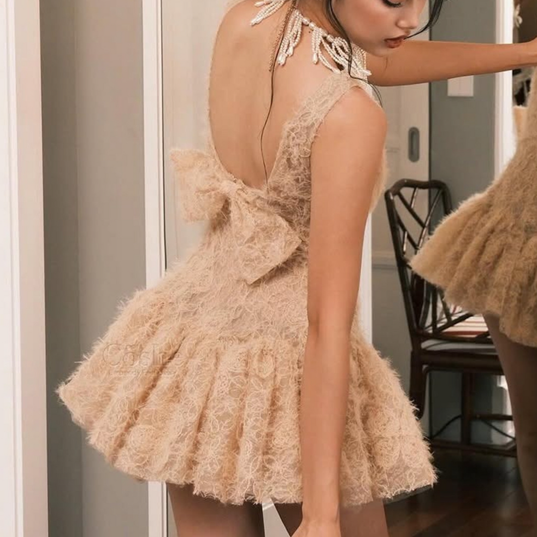 Lace backless bowknot ruffle mini dress  | Festival Outfits Women