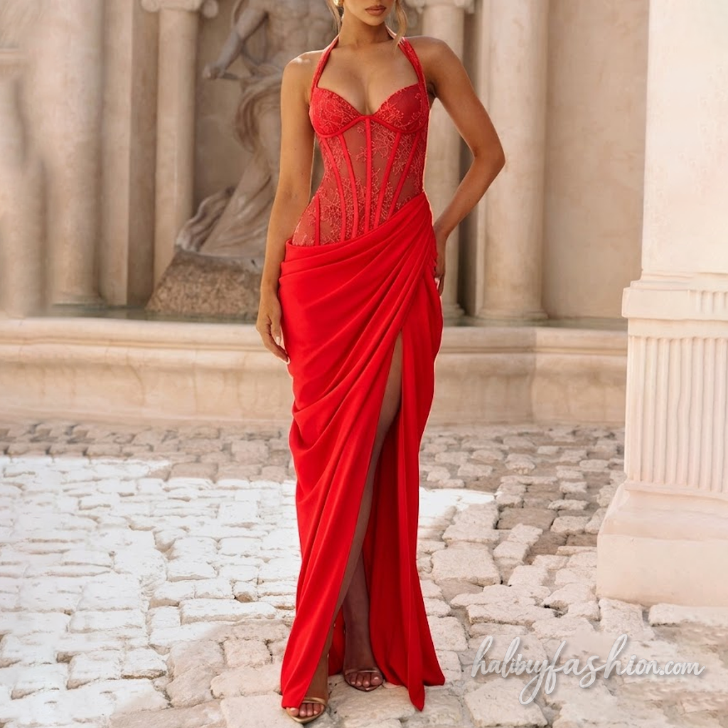Self tie halter lace ruched irregular slit maxi dress - Halibuy - 12