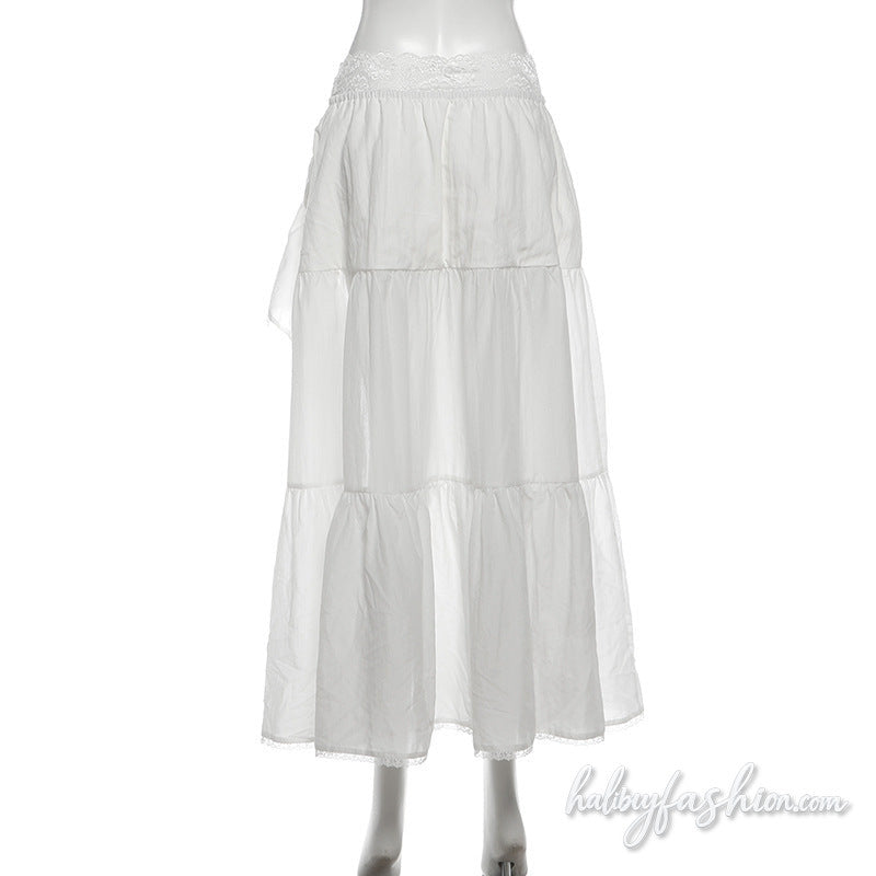Irregular ruched lace hem slit solid maxi skirt