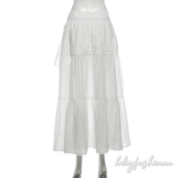 Irregular ruched lace hem slit solid maxi skirt
